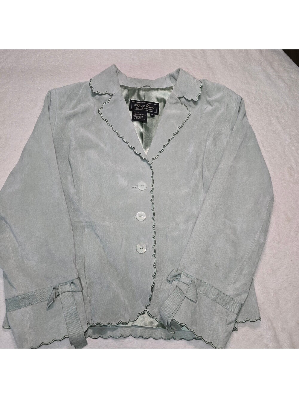 Vintage Terry Lewis Sage Green Leather Jacket Scalloped Trim Bow Cuffs PL